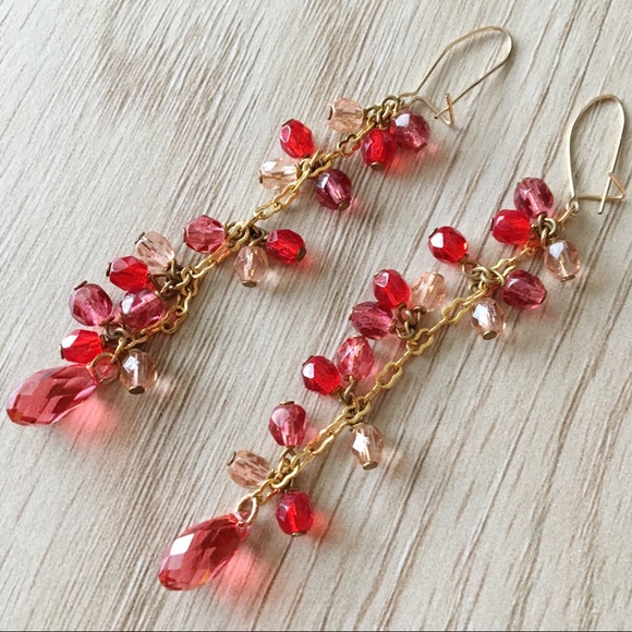 Red & Gold Beaded Crystal Drop Earrings - Picture 1 of 3